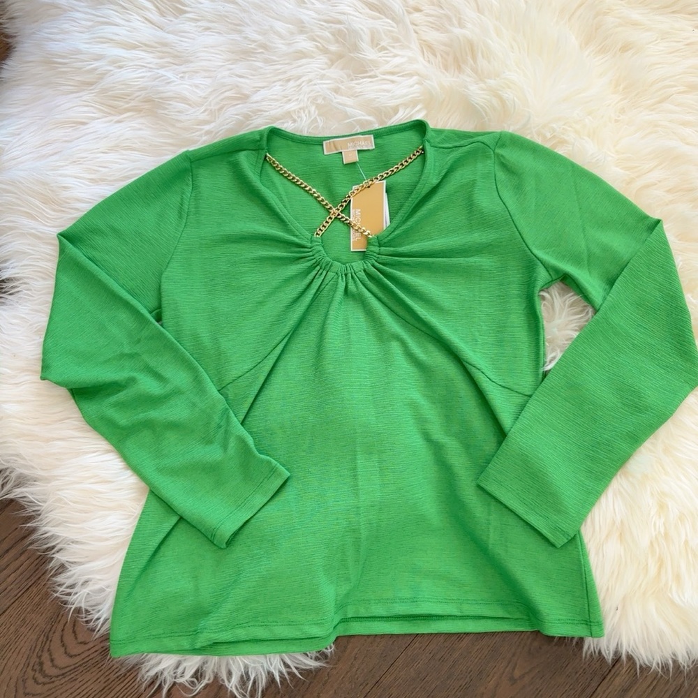 NWT Michael Kors Spring Green Long Sleeve Gold Chain Blouse Top Women Medium